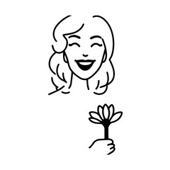 Black and white vector illustration of a beautiful woman holding a flower, minimal clean line art style