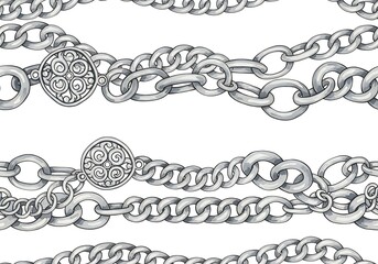 Fototapeta premium Elegant seamless pattern of silvery chains and decorative clasps on a white backdrop design for textile or wallpapers
