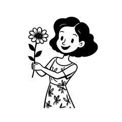 Black and white vector illustration of a beautiful woman holding a flower, minimal clean line art style