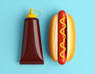 Top-down view of a cartoon hotdog with mustard and a brown sauce bottle on a light blue background