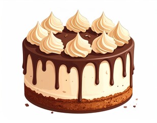 Luscious chocolate cake with vanilla layers and creamy swirls on top, with a rich chocolate drizzle against a plain white background