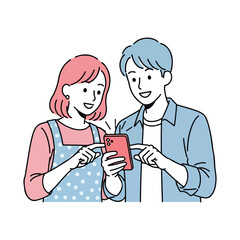 Smiling couple looking at smartphone together cartoon illustration