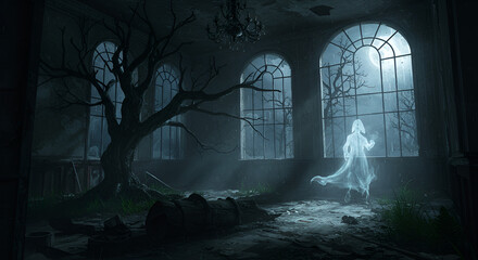 A spectral ghost drifts through a desolate, moonlit chamber, where a gnarled tree grows amidst forgotten ruins, creating an eerie, mysterious atmosphere.