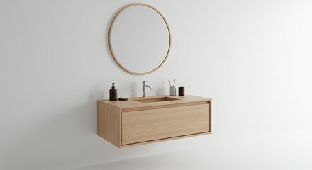 A wallmounted wooden sink cabinet with a round mirror above in a minimalist white bathroom