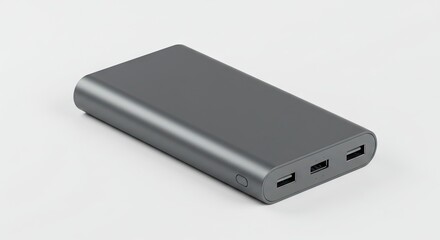 Gray power bank rectangular with USB ports resting on a white surface