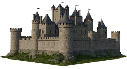 Obraz premium A medievalstyle stone castle with cylindrical towers flags atop a grassy knoll