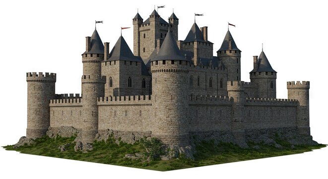 A medievalstyle stone castle with cylindrical towers flags atop a grassy knoll