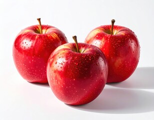Three vibrant red apples with stems, glistening with water droplets, are arranged on a crisp white surface, creating a fresh, clean, and inviting scene