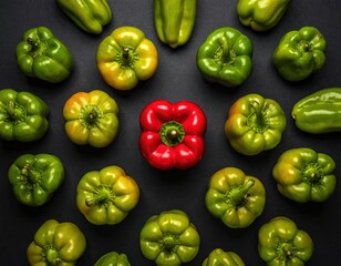 Array of green peppers surrounding a central red pepper against a dark background, creating a visually striking and colorful food still life