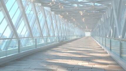 Modern Pedestrian Bridge Interior with Geometric Structure and Natural Light Cinematic White Architecture in Sunny Day