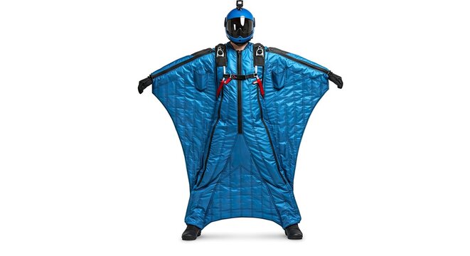 Blue wingsuit wearer helmet camera black glovesshoes red straps centered