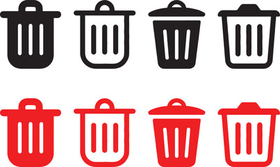 trash can, bin, garbage, waste, disposal, delete, remove, icons, symbols, silhouette, graphic, design, black, red, container, receptacle, collection, clean, hygiene, isolated, white background, differ