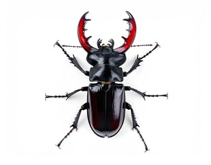 Striking stag beetle, overhead view, featuring glossy black carapace and bright red mandibles on a stark white backdrop