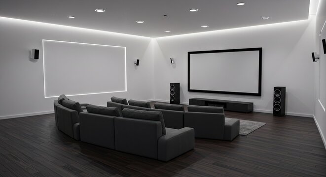 Home theater boasts a large screen tiered seating  recessed lighting for an immersive viewing experience