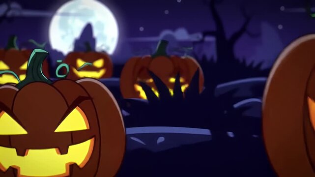 Animated halloween jack o lanterns glowing brightly at night with spooky dark background vivid colors