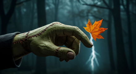 A classic monster's stitched green hand delicately touches a vibrant orange autumn leaf, dramatically illuminated by a powerful lightning bolt in a dark, mysterious forest.