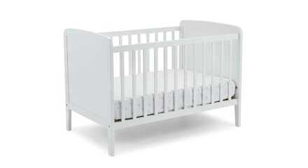 A white wooden crib with a mattress featuring a pale pattern isolated against a white background