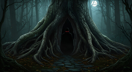An ominous presence with piercing red eyes hides within the cavernous roots of an old, spooky tree in a dark, enchanted forest.