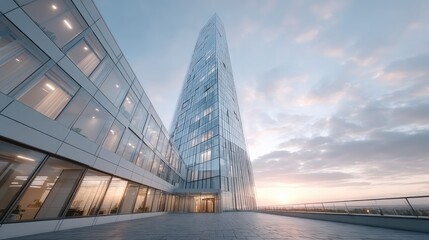 Obraz premium Modern Skyscraper Architecture with Glass Facade and Blue Sky at Sunset