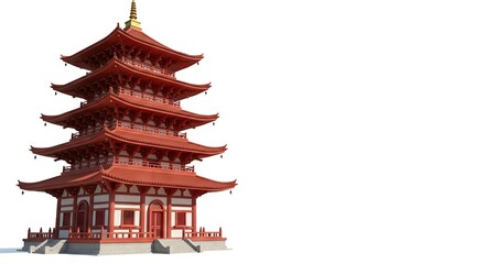 A red and white multitiered pagoda with a golden spire isolated against a white background showcasing traditional architecture
