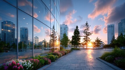 Modern Skyscraper Reflecting Cityscape at Sunset with Floral Garden and Trees along Walkway
