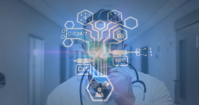 Male physician lowering mask in corridor, activating hologram data flow securing patient records - Powered by Adobe