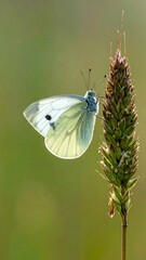 Pale butterfly perched on a grass seed head