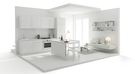 Fototapeta premium Minimalist interior featuring a kitchen dining and living area in an allwhite color scheme
