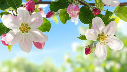 Delicate pink and white blossoms on a branch against a bright blue sky