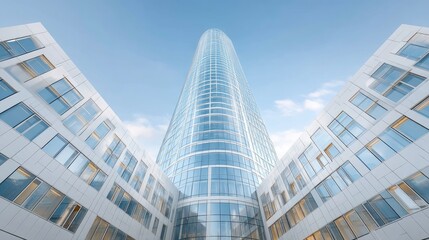 Obraz premium Modern Skyscraper With Glass Facade Under Blue Sky With White Clouds Bottom Up View White Architectural Design