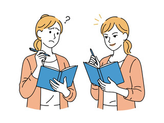 Woman thinking and writing in notebook vector illustration