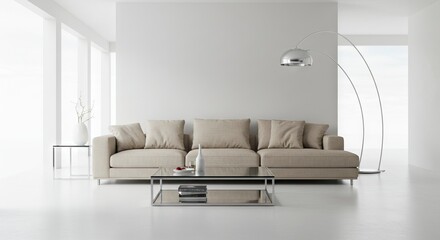 Minimalist interior with a beige sofa glass coffee table and silver arc lamp set in a bright white space