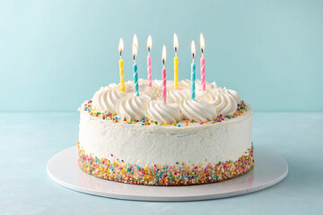 Delicious birthday cake with lit candles and colorful sprinkles on a white cake stand