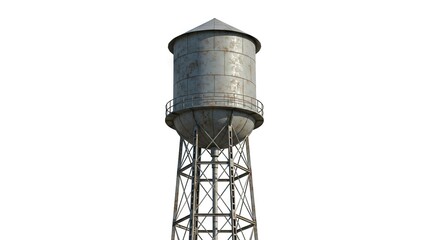 A tall gray rusty water tower against a white background