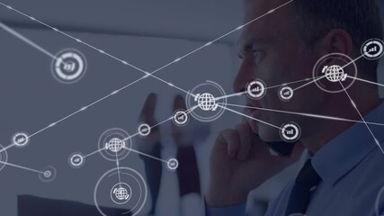 Mature male pausing smartphone call and visualizing expanding tech network of globe and chart icons - Powered by Adobe