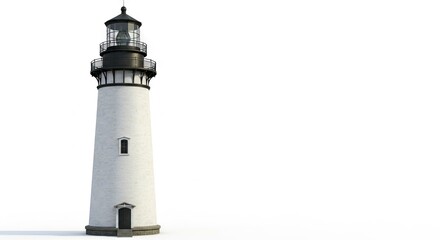 A tall white lighthouse with a black top and balcony stands prominently on a white background