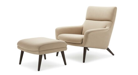 An upholstered armchair  matching ottoman both in a neutral fabric stand on dark wooden legs against a plain white background