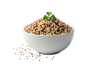 Bowl of cooked tri color quinoa with fresh parsley isolated on transparent background