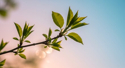 Slender branch with fresh light-green leaves, pastel sky gradient, natural sunlight