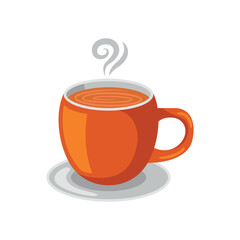 Orange mug with hot beverage and steam on a saucer