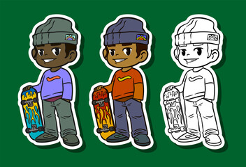 Boy skateboarder with beanie cap sticker illustration