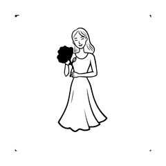 Black and white vector illustration of a beautiful woman holding a flower, minimal clean line art style
