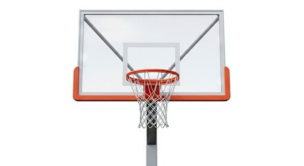 Front view of a basketball hoop with a white backboard orange rim and net against a white background
