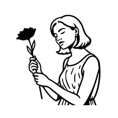 Black and white vector illustration of a beautiful woman holding a flower, minimal clean line art style
