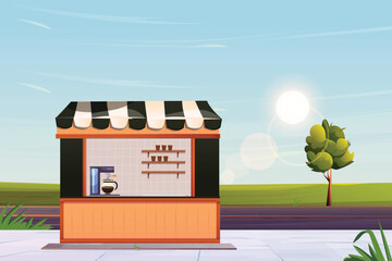 Illustration of a coffee shop with a sign and a drink machine
