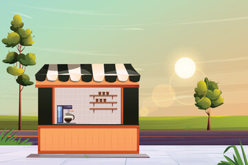Illustration of a coffee shop with a sign and a drink machine