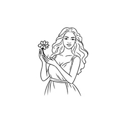 Black and white vector illustration of a beautiful woman holding a flower, minimal clean line art style
