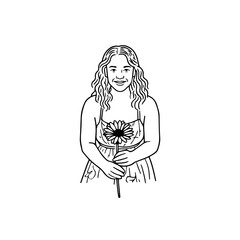Black and white vector illustration of a beautiful woman holding a flower, minimal clean line art style
