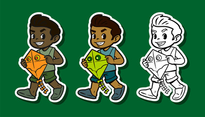 Naklejka premium Boy holding kite ready to fly sticker illustration