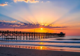Serene beach sunrise reflecting on tranquil ocean with wooden pier